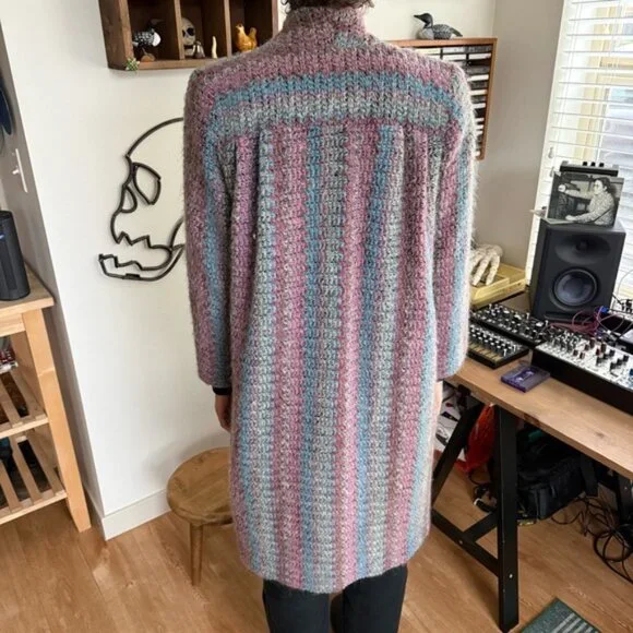 💀 SOLD 💀 Vintage 70s Knit Mohair Blend Long Lined Open Cardigan Sweater Jacket S - Picture 6 of 9